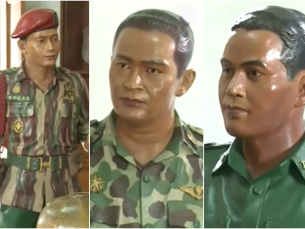 Patung Sarwo Ehie (kiri), Soehato (tengah) dan AH Nasution (kanan) di Museum Kostrad. (YouTube)