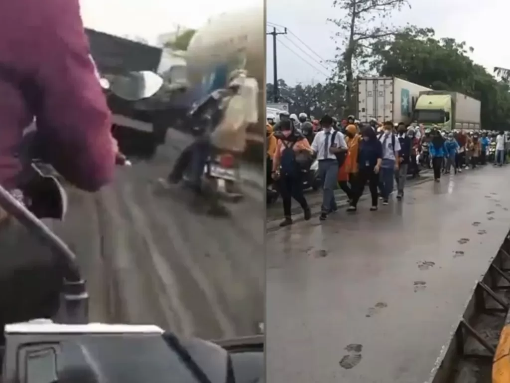 Pengendara dan pejalan kaki nekat melalui jalan yang baru saja dicor di Jalan Balaraja, Kabupaten Tangerang (Istimewa)