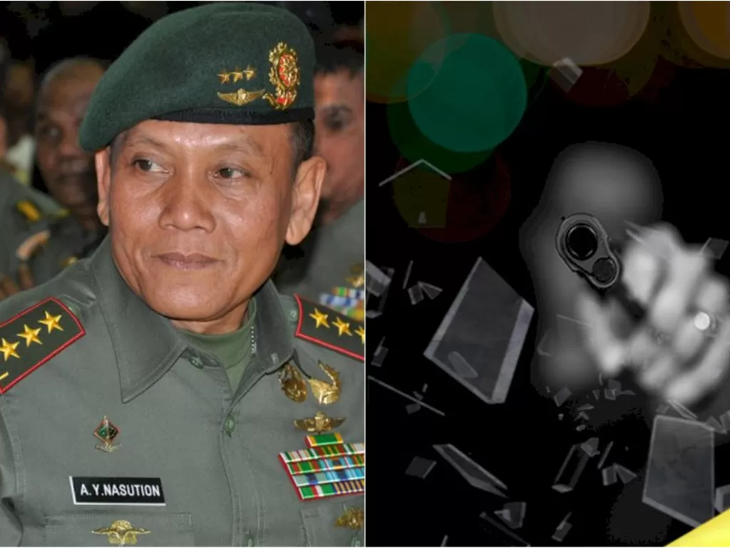 Kiri: Letnan Jenderal TNI (Purn) Azmyn Yusri Nasution. (Facebook) / Kanan: Ilustrasi penembakan. (INDOZONE)
