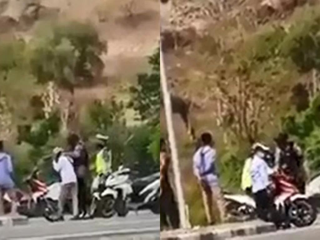 Oknum polisi yang tendang dan pukul pemotor di Bima. (Foto/tangkapan layar/Facebook/Gili Meno-Island)