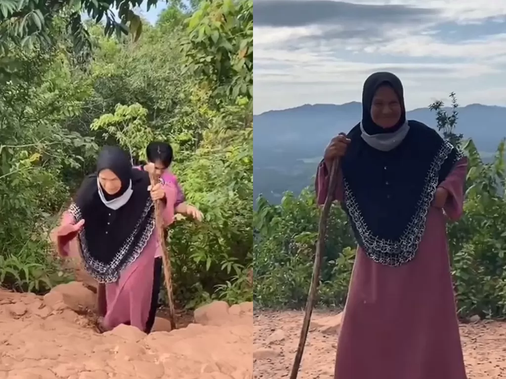 Nenek berumur 74 tahun yang masih bertubuh kuat dan mampu mendaki gunung. (TikTok/haishah.hashram)