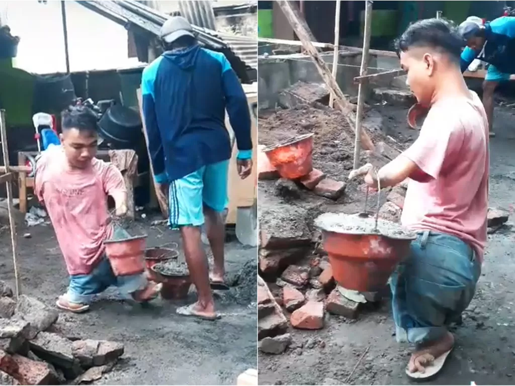 Pria pekerja bangunan yang tetap gesit bekerja meski memiliki keterbatasan fisik. (TikTok/@silnadewii)