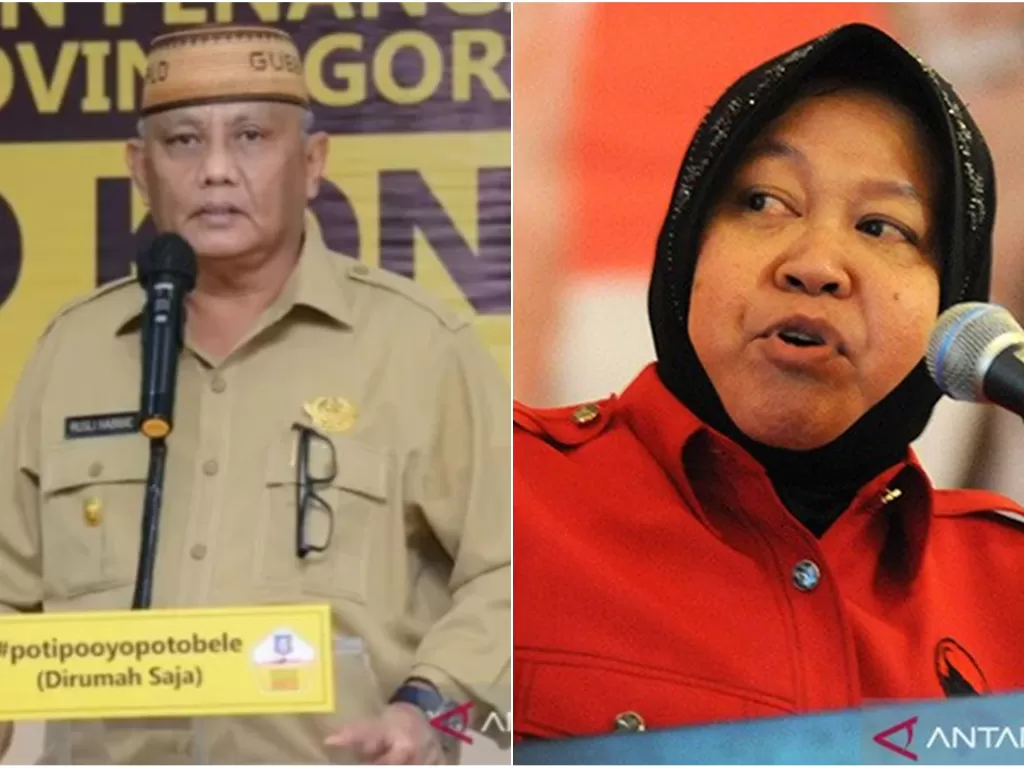 Gubernur Gorontalo Rusli Habibie (kiri) dan Mensos Tri Rismaharini (kanan). (antara foto)
