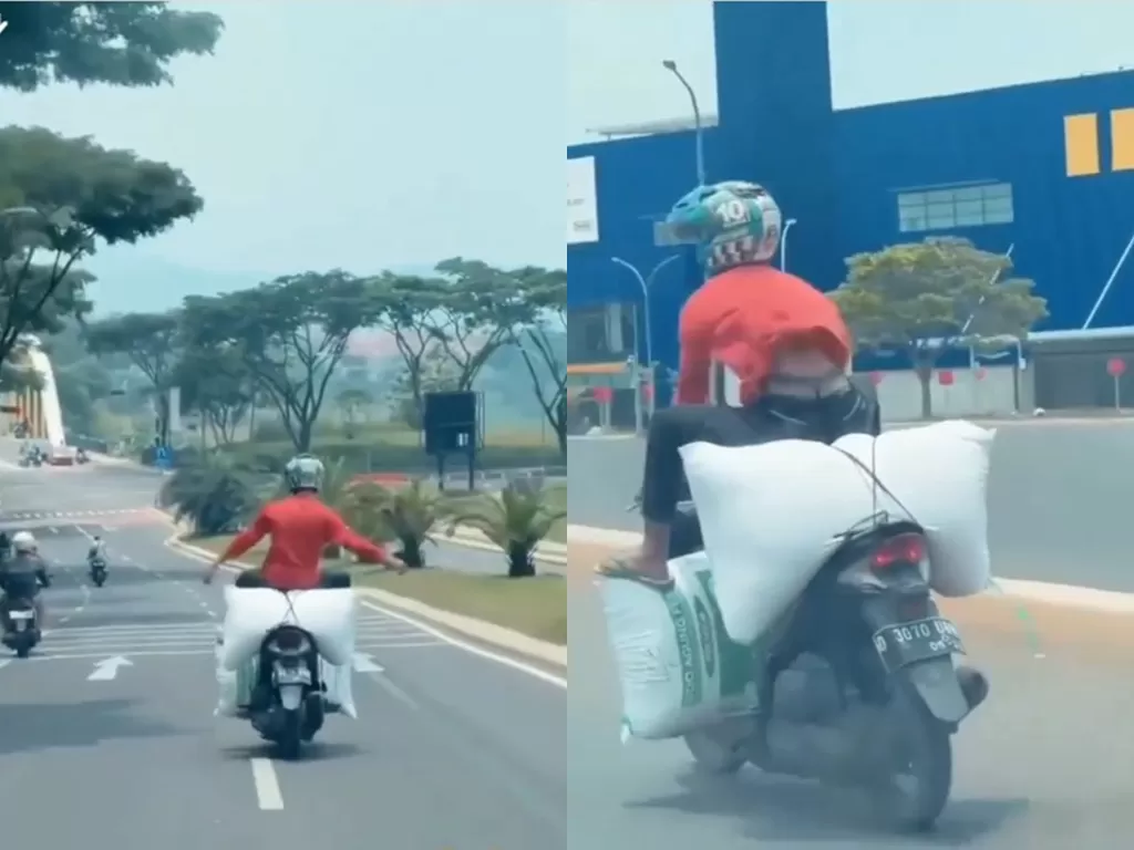 Aksi pemotor ugal-ugalan bawa karung sambil berjoget di jalan (Instagram/infojawabarat)