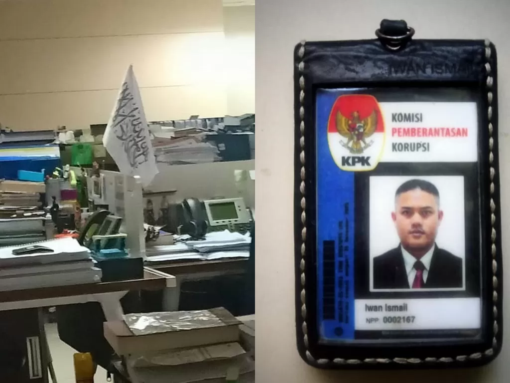 Foto bendera liwa di meja kerja pegawai KPK dan ID card satpam Iwan Ismail. (Facebook)