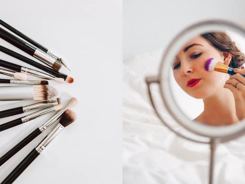 kiri: ilustrasi alat make up. (Unsplash/edznorton) / kanan: ilustrasi wanita sedang bermake up. (Unsplash/Laura Chouette)