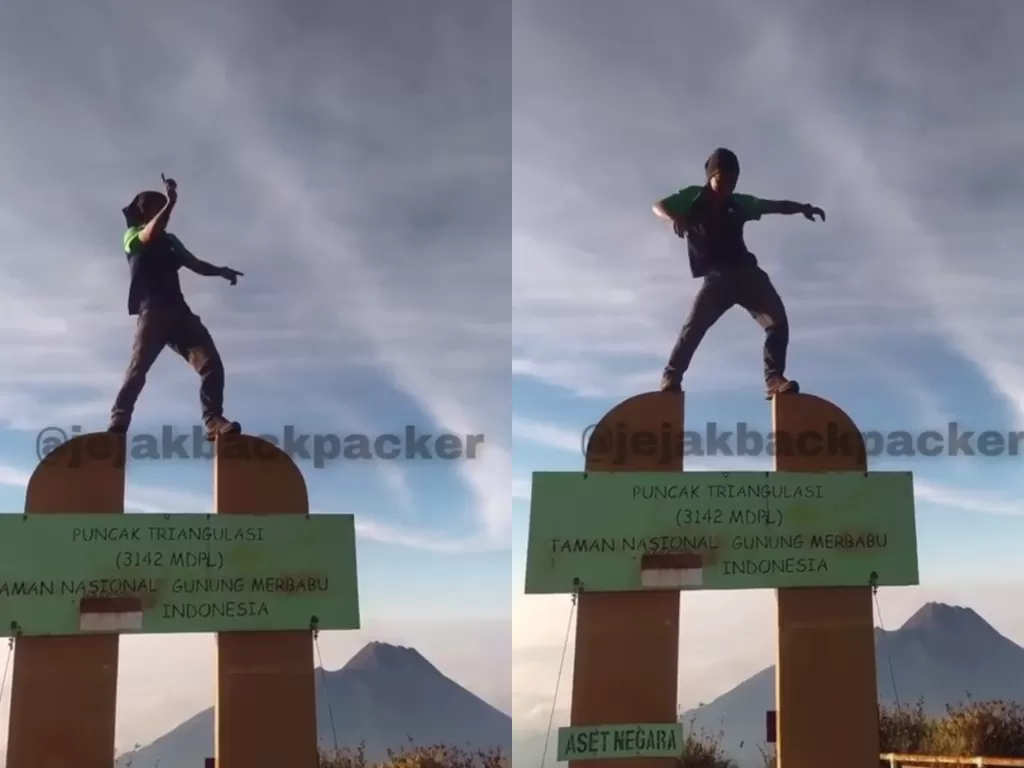 Aksi pria joget di atas tugu Gunung Merbabu (Instagram/jejakbackpacker)