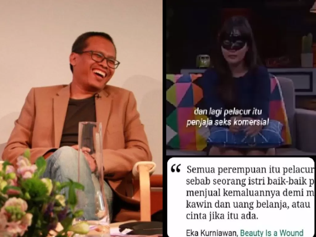 Kiri: Penulis Eka Kurniawan (Facebook/Eka Kurniawan), kanan: Peremouan dengan kutipan dari buku Cantik Itu Luka. (Istimewa).