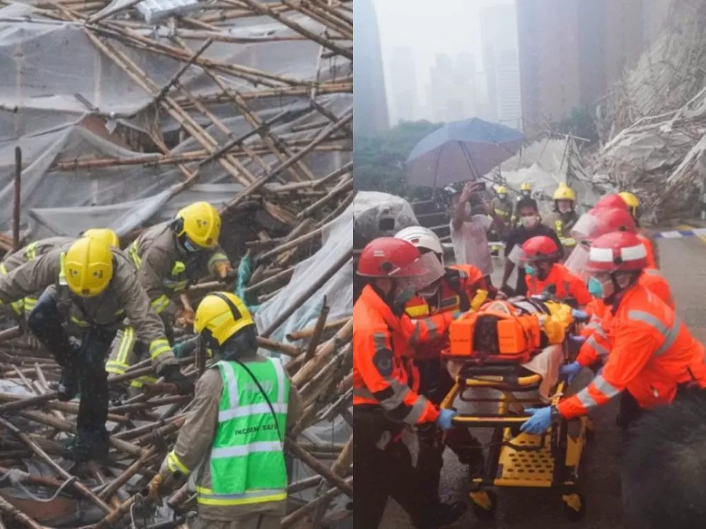 Seorang perempuan pekerja bangunan tewas tertimpa perancah proyek apartemen yang roboh setelah dilanda angin topan di kawasan Beverly Hill, Jalan Broadwood, Hong Kong, Jumat (8/10/2021) pagi (South China Morning Post)