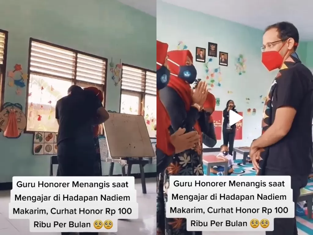 Guru honorer di NTB menangis terisak di hadapan Menteri Nadiem curhat digaji Rp100 ribu per bulan (TikTok/ indonesia_maju01_)
