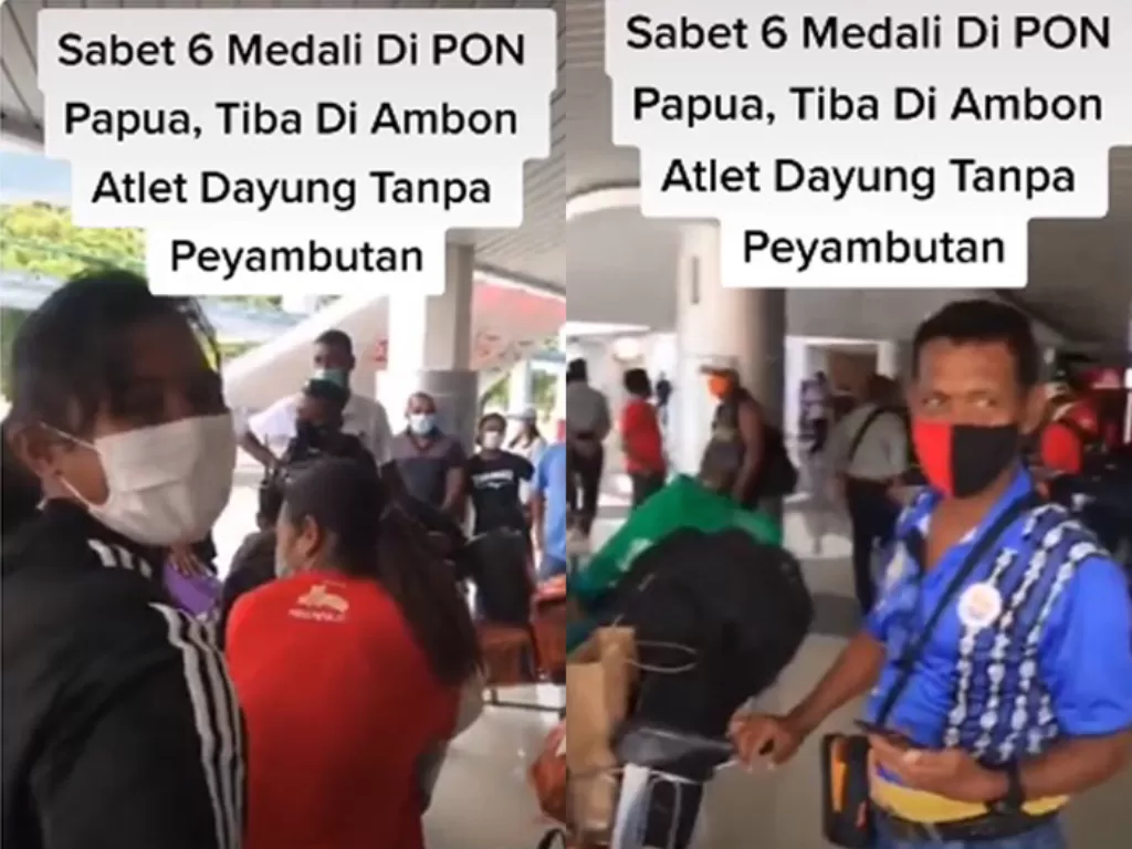 Tangkapan layar video yang memperlihatkan atlet dayung dan official yang terlantar di Bandara Patimura, Ambon, Rabu (13/10/2021). (Istimewa)