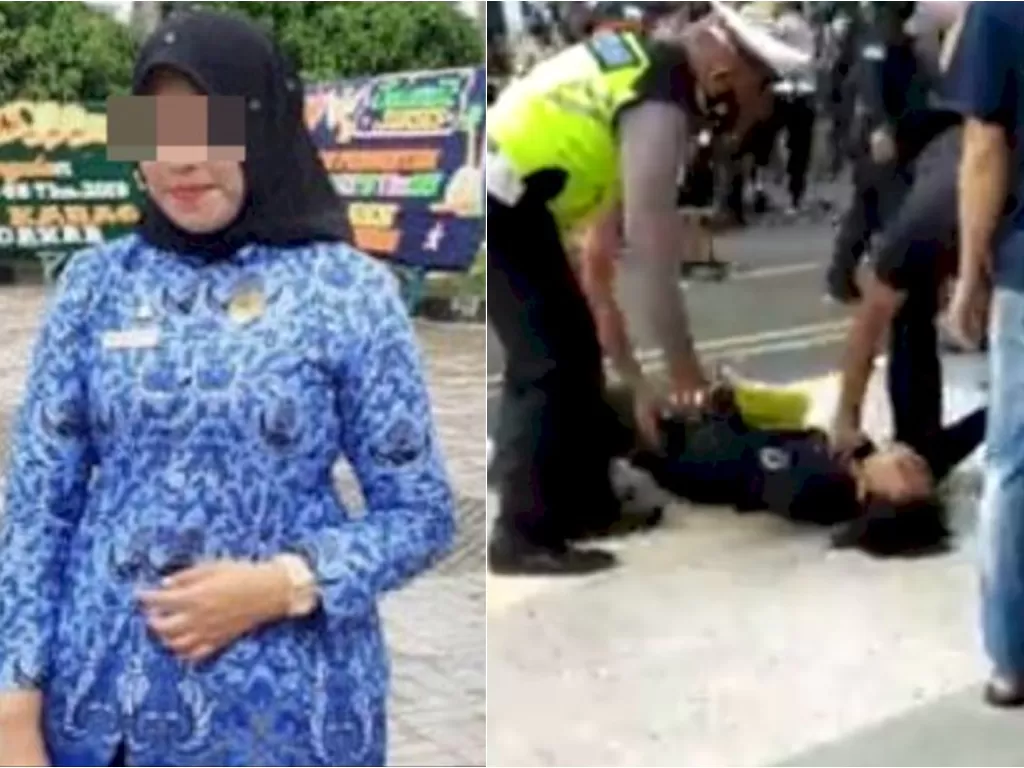 Kiri: Desy Permatasari, Camat Semadam, diduga selingkuh dengan Kepala BPKAD Tanjungbalai, ARM. (ist) / Kanan: Polisi mencoba membangunkan mahasiswa yang pingsan usai dibanting polisi berseragam huru-hara. (Tangkapan layar Twitter)