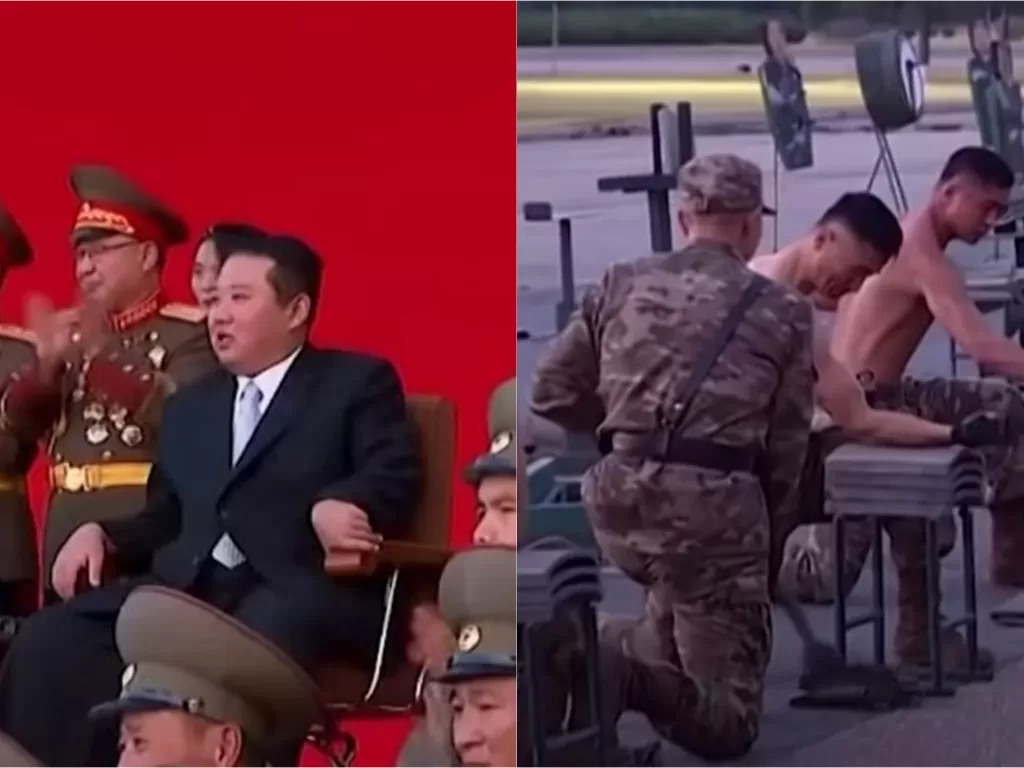 Reaksi Kim Jong Un saat melihat militer Korea Utara unjuk aksi kekuatan fisik dalam pameran bela diri baru-baru ini di Pyongyang (Istimewa)