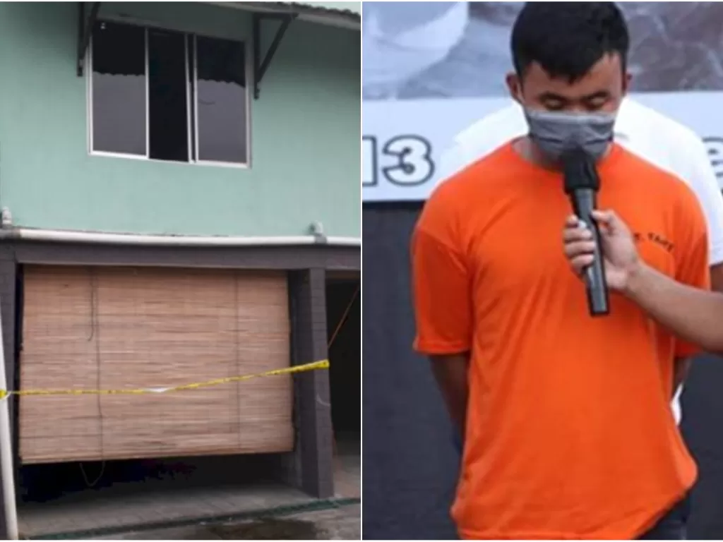 Kiri: lokasi kamar hotel tempat pembunuhan, kanan: ASS saat dihadirkan dalam konferensi pers di Mapolda Sumut. (ist)