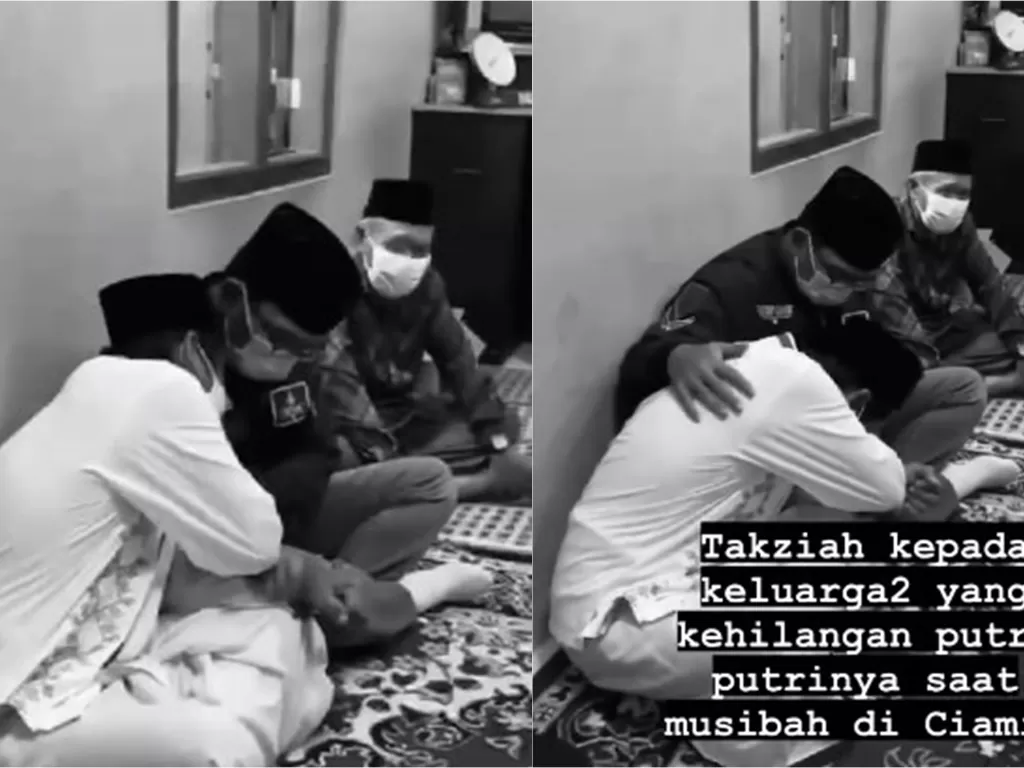 Salah satu keluarga korban tenggelam di Ciamis tak kuasa menahan air matanya saat dikunjungi Gubernur Jabar Ridwan Kamil (Instagram/@ridwankamil)