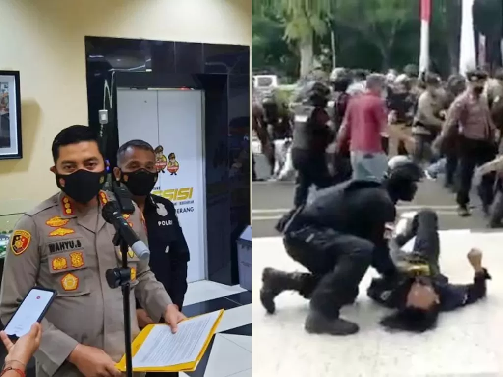 Kiri: Kapolresta Tangerang (ANTARA/Azmi Samsul Maarif) / Kanan: Brigadir NP banting pendemo (Istimewa)