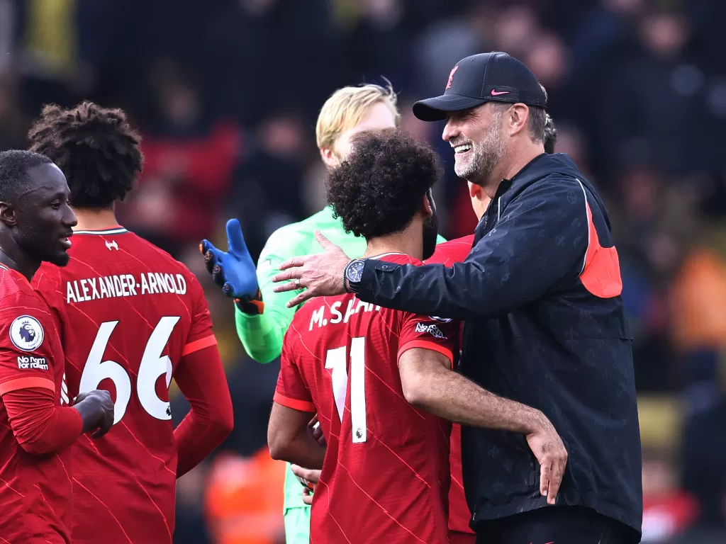 Pelatih dan penyerang Liverpool, Jurgen Klopp dan Mohamed Salah di laga kontra Watford (REUTERS/DAVID KLEIN)