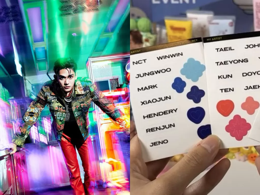 Lucas NCT (kiri) dan tampilan stiker merchandise kit terbaru (kanan). (photo/Instagram/@lucas_xx444/Twitter/@In_606323)