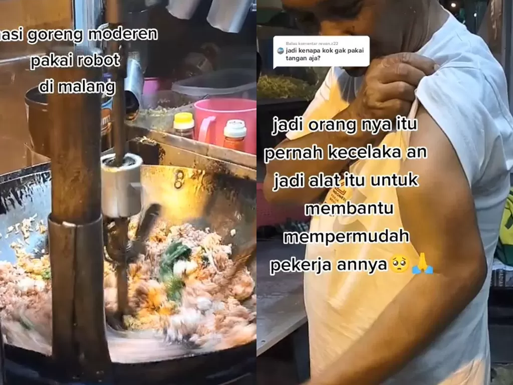 Penjual nasi goreng yang pakai bantuan robot buatan untuk mengaduk nasi. (TikTok/revan.z22)