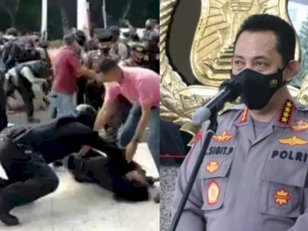 Aksi Oknum Polisi banting mahasiswa (kiri) (Foto: Istimewa). Kapolri Jenderal Polisi Listyo Sigit Prabowo (Kanan). (Dok. Div Humas Polri)