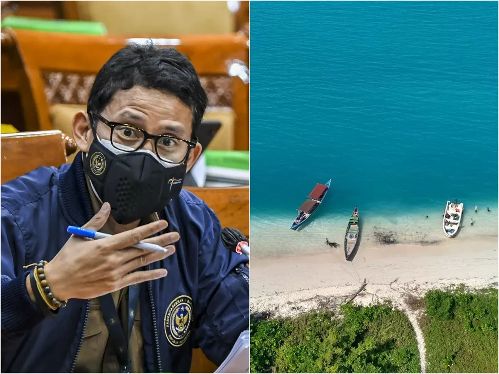 Kiri: Menteri Pariwisata dan Ekonomi Kreatif Sandiaga Salahudin Uno. (photo/ANTARA FOTO/Galih Pradipta). Kanan: Pulau Banyak, Aceh. (photo/Instagram/@pulaubanyak)