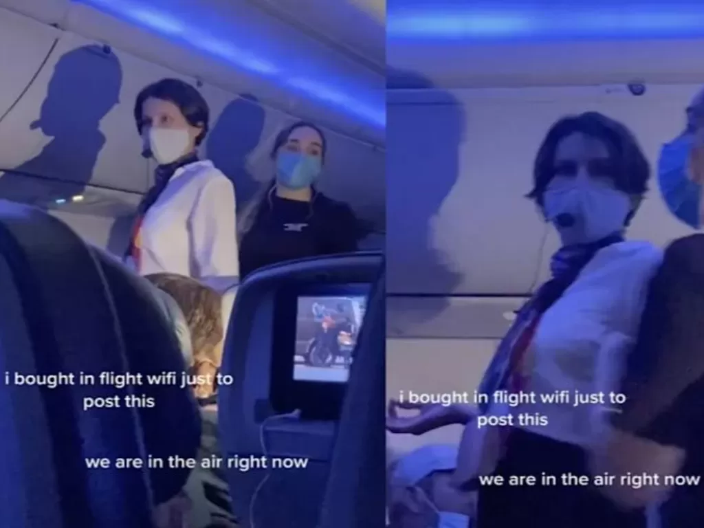 Tampilan wanita yang membuat masalah dengan mengoceh COVID-19 saat di pesawat. (photo/SS/TikTok/@jawny)