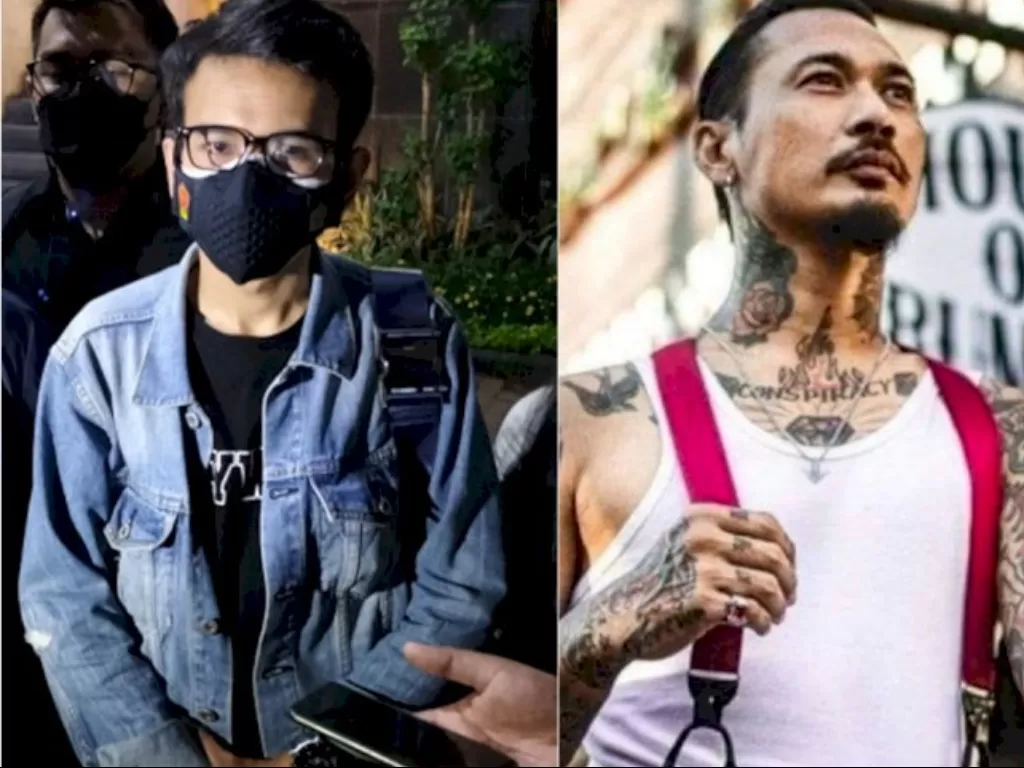 Kiri: Adam Deni usai pemeriksaan terkait kasus pengancaman dengan terlapor musisi Jerinx di Polda Metro Jaya, Rabu (14/7/2021). (ANTARA/Walda Marison) Kanan: Jerinx. (Instagram/ncdpapl)