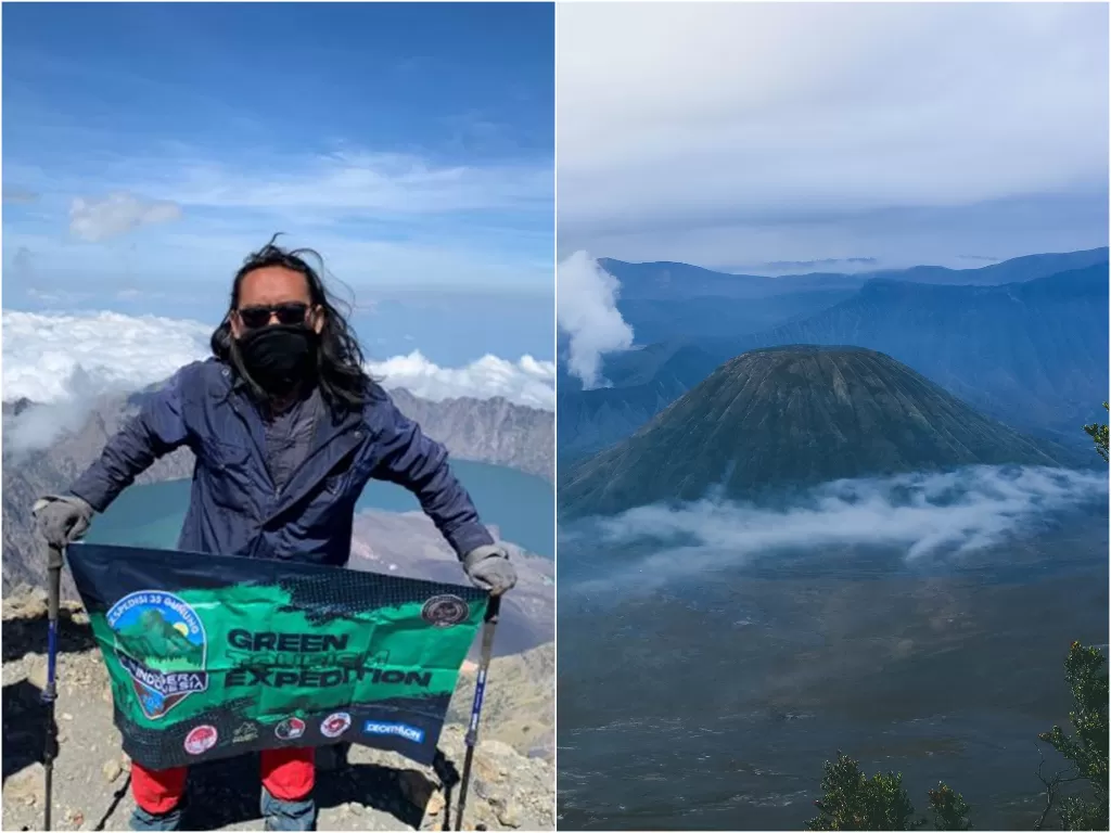 Kiri :Azam Rofiulah, mendaki 35 gunung di Indonesia. (photo/ANTARA/HO). Kanan: Gunung Bromo. (photo/Unsplash/Camille Bismonte/ilustrasi)