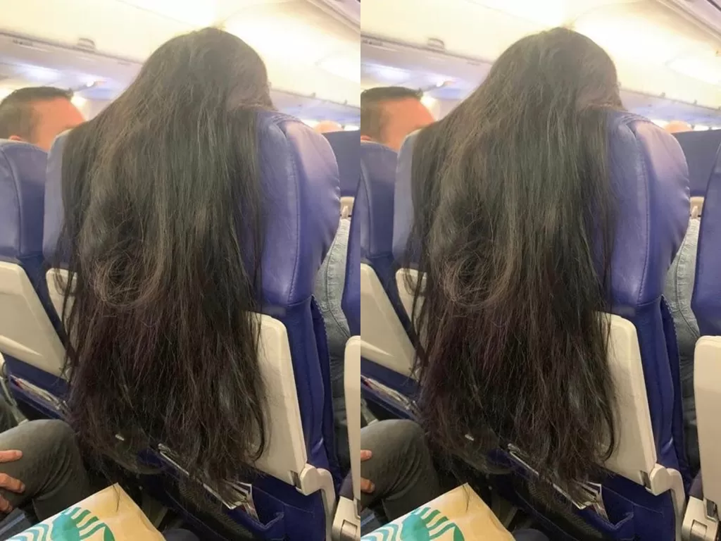 Rambut wanita yang mengarah ke penumpang lain. (Photo/Twitter)