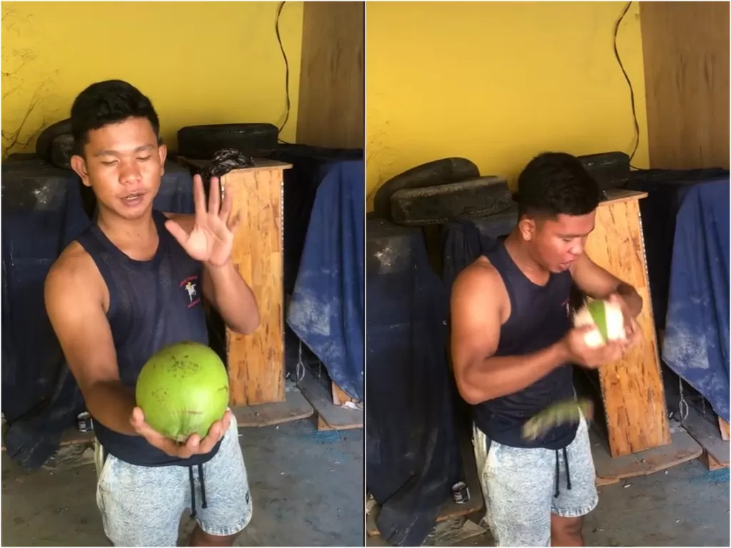  Video viral pria yang kupas kelapa pakai gigi. (photo/TikTok)