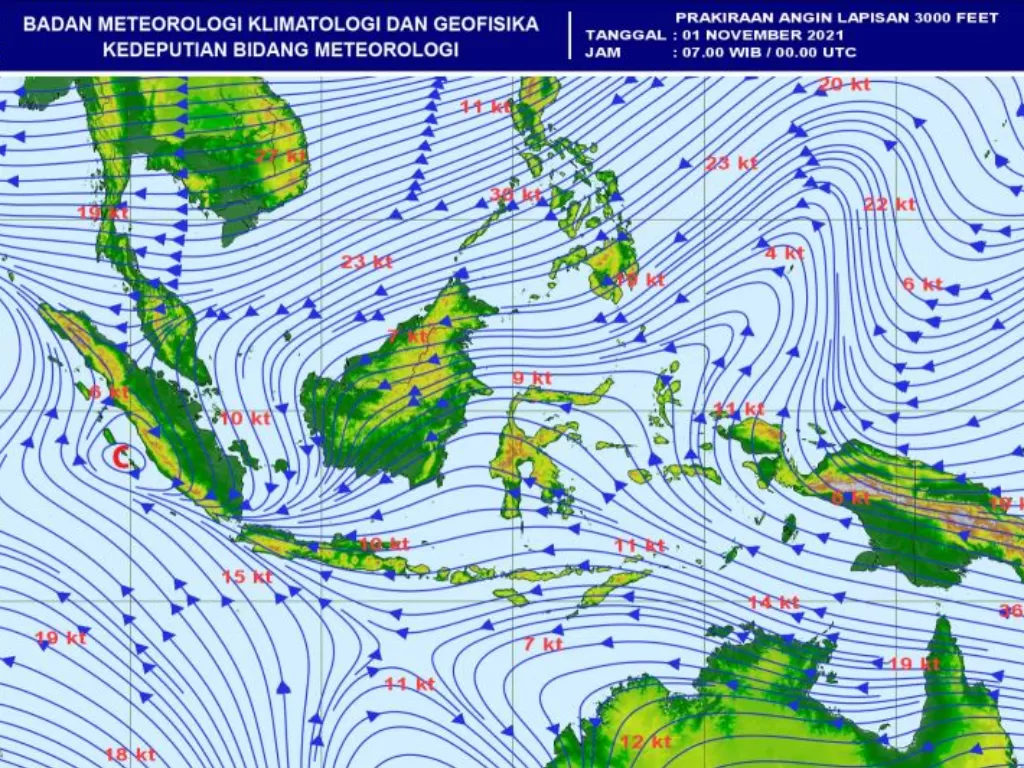  Prakiraan pergerakan angin yang dipantau Badan Meteorologi, Klimatologi, dan Geofisika (BMKG) (ANTARA/HO-BMKG)