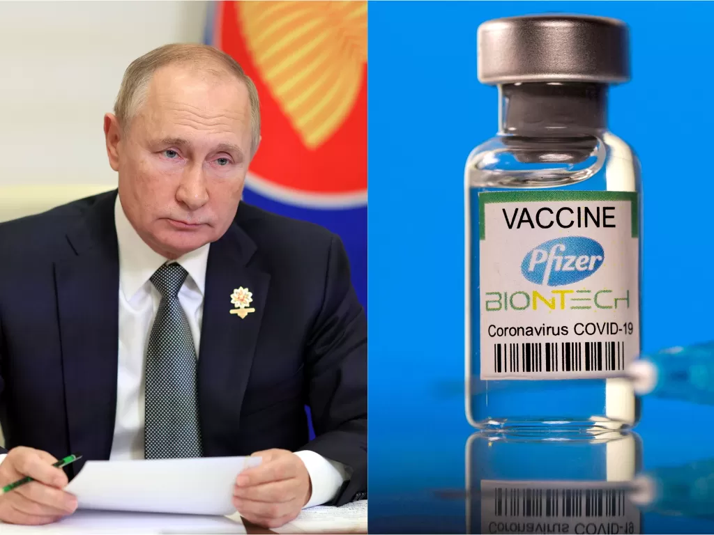 Kiri: Presiden Rusia Vladimir Putin (REUTERS) | Kanan: Vaksin Covid-19 merek Pfizer (REUTERS)