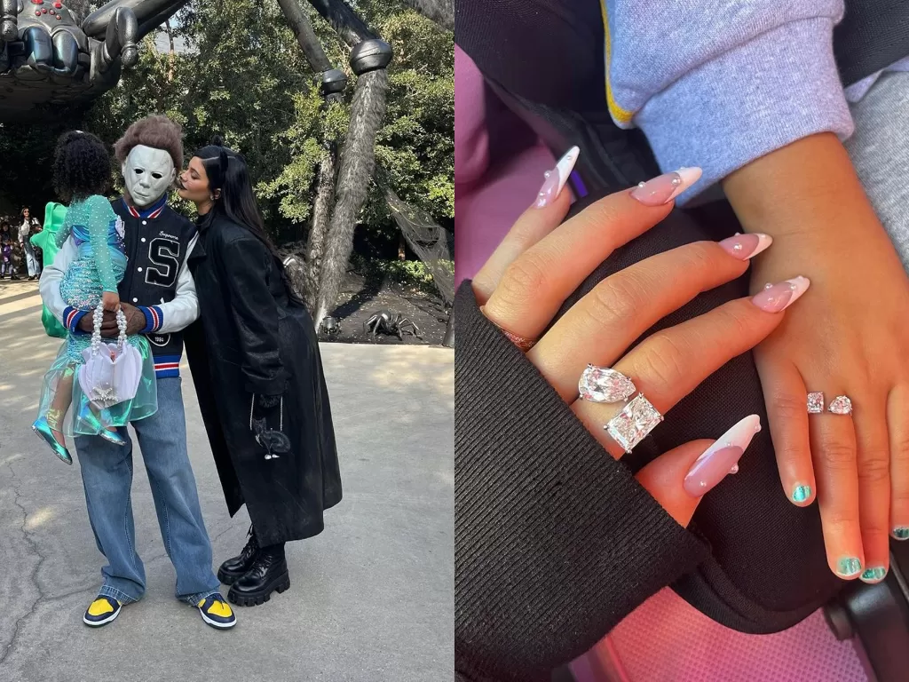 Tampilan Halloween keluarga Travis Scott (kiri) dan cincin Kylie Jenner dan Stormi Webster (kanan). (photo/Instagram/@kyliejenner)