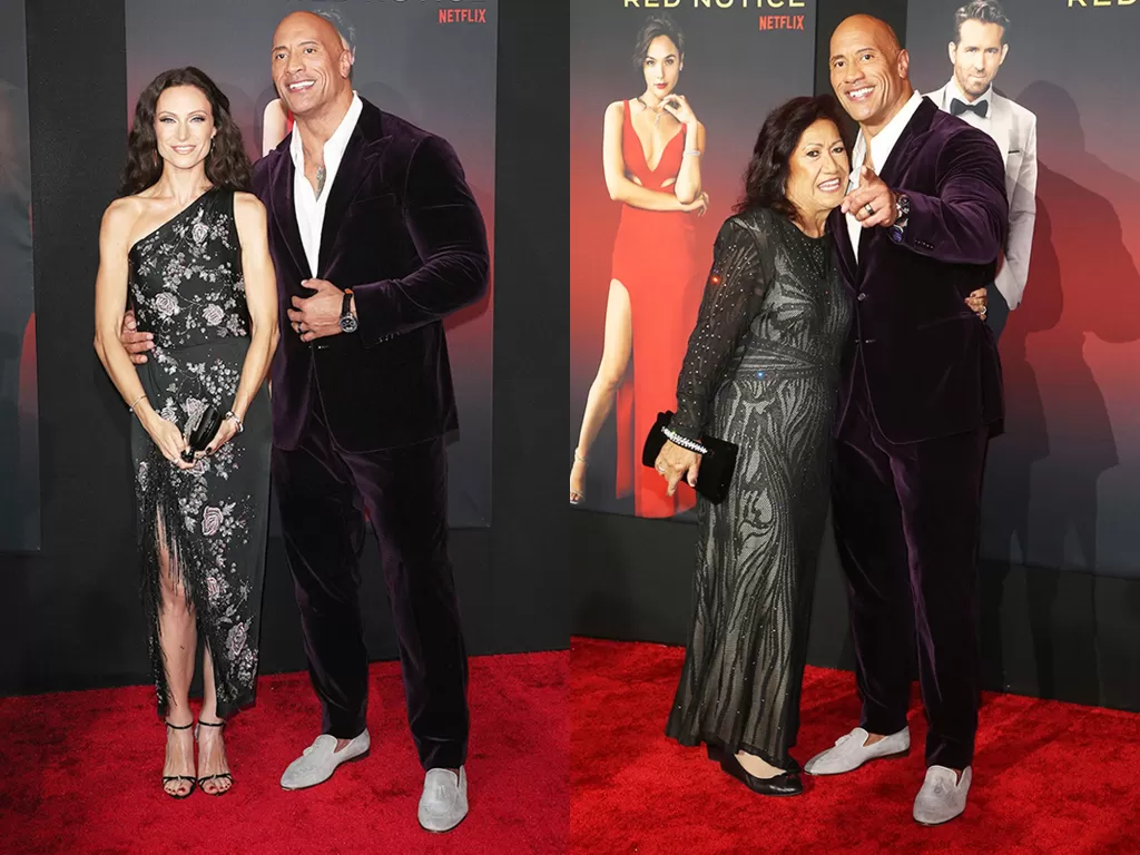 Dwayne Johnson hadir di premiere Red Notice bersama istri dan ibunya. (Photo/Hollywood Life)