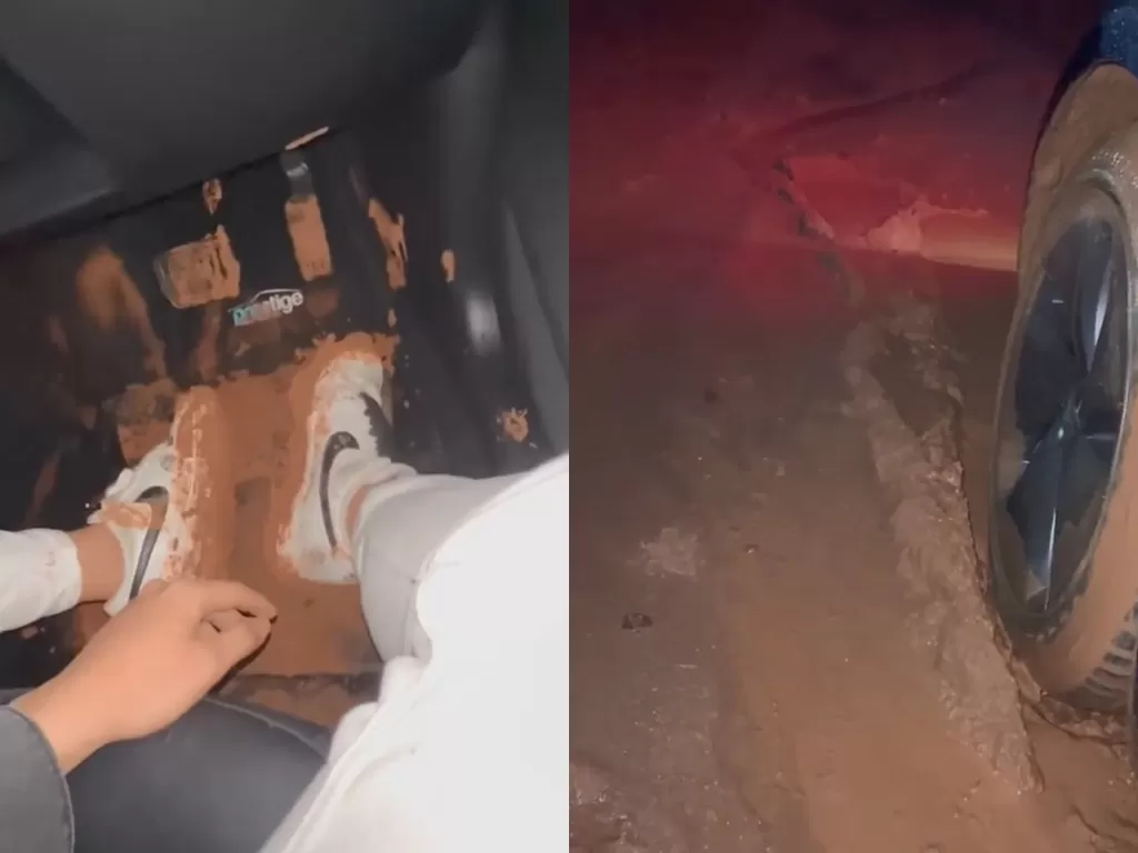 Potret mobil Tesla Indra Kenz saat kejebak lumpur. (Instagram/indrakenz)