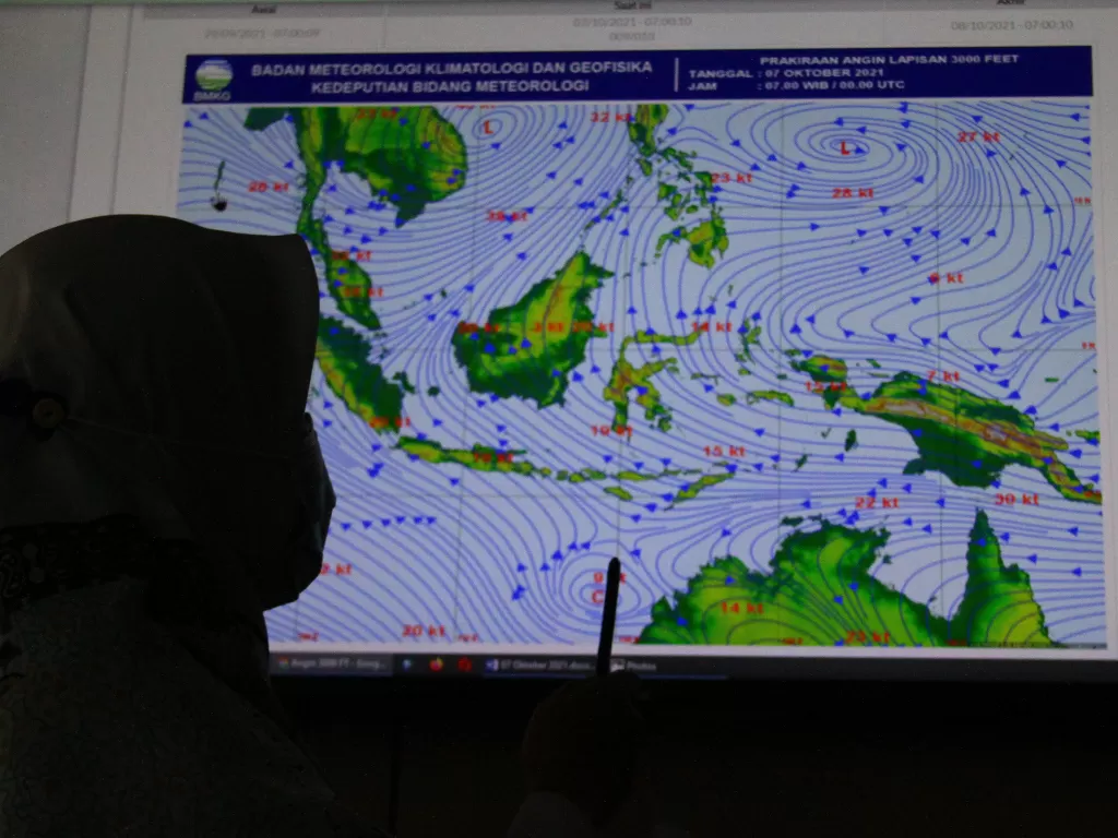 Petugas Badan Meteorologi Klimatologi Geofisika (BMKG) melihat prakiraan arah dan kecepatan angin di Stasiun BMKG Malang, Jawa Timur, Kamis (7/10) (ANTARA FOTO/Ari Bowo Sucipto)
