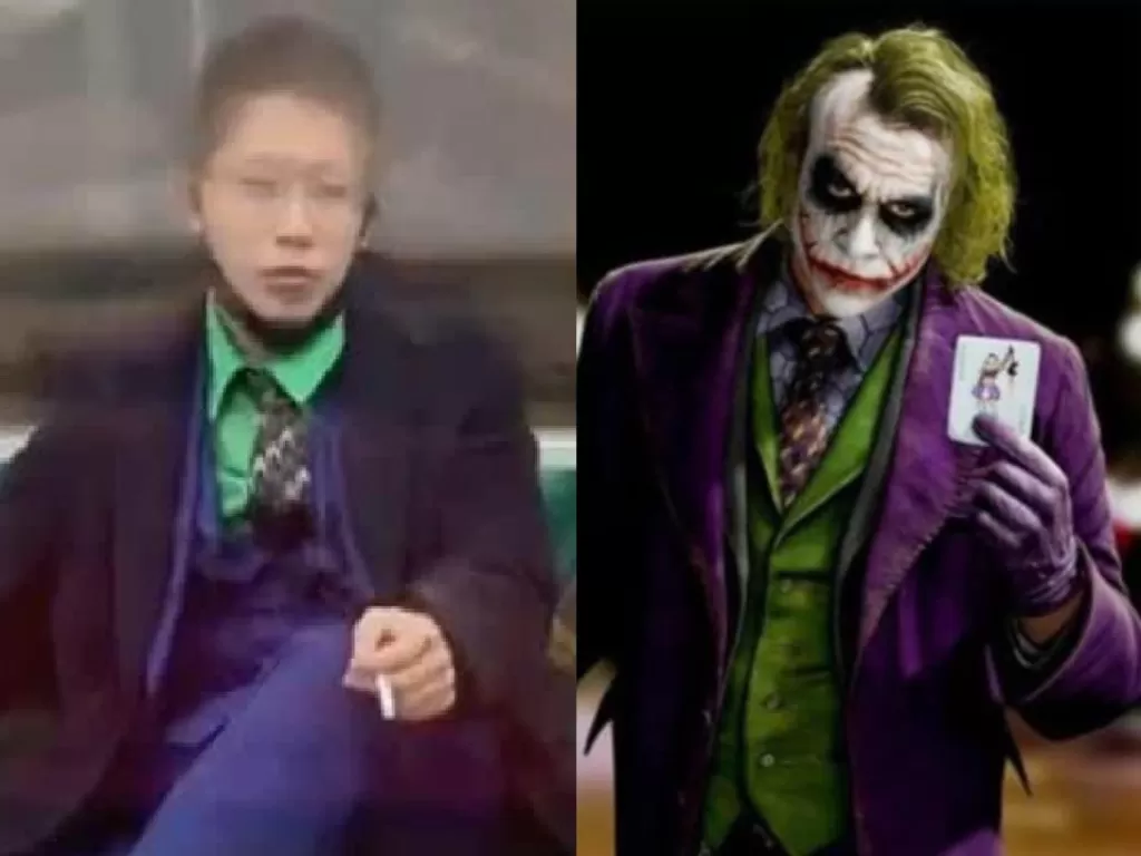 Kiri: pria asal Jepang yang terinspirasi dari Joker (Twitter), kanan: tokoh Joker dalam Dark Knight. (Twitter).
