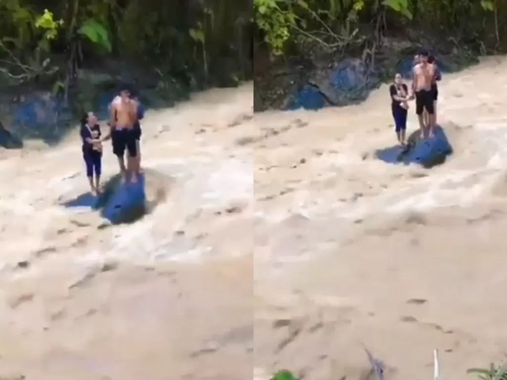 4 orang wisatawan yang terjebak air bah. (Foto/Instagram/kabaraceh)