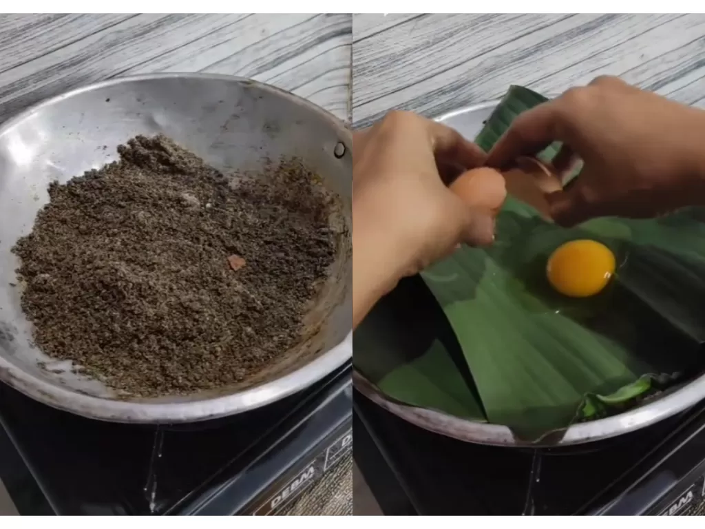 Wanita masak telur ceplok pakai pasir (TikTok/mbakmel08)