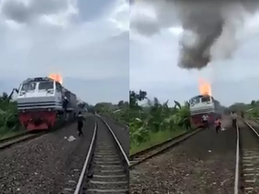 Lokomotif kereta api di Lampung yang terbakar. (Facebook/Buddy)