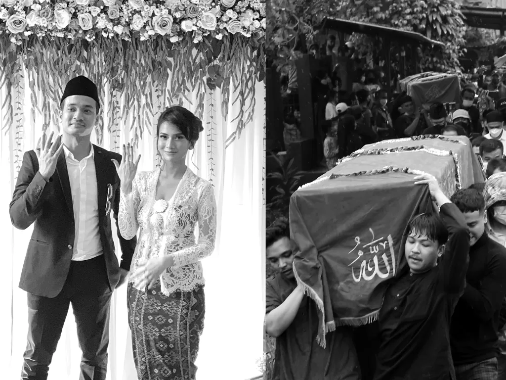 Kiri: Pernikahan Vanessa Angel dan Bibi Ardiansyah (Instagram/bibliss) / Kanan: Pemakaman Vanessa dan Bibi (ANTARA FOTO/Muhammad Iqbal)