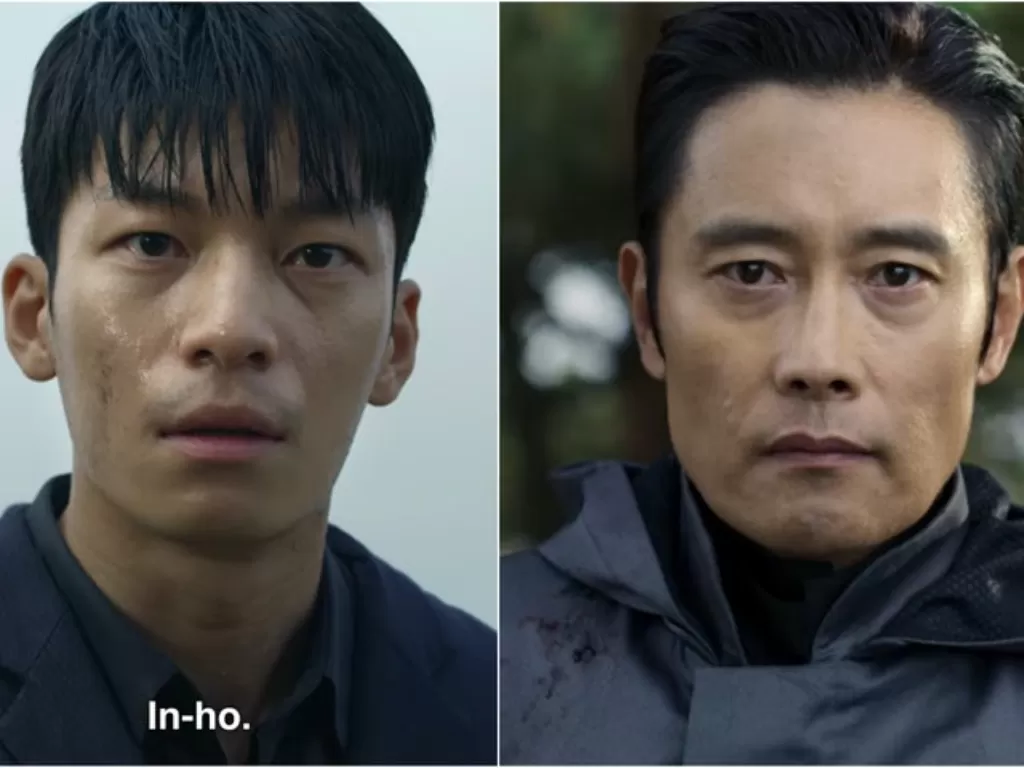 Polisi Korea, Hwang Jun-ho (diperankan oleh Wi Ha-joon) saat berhadapan dengan Front Man. (Squid Game)