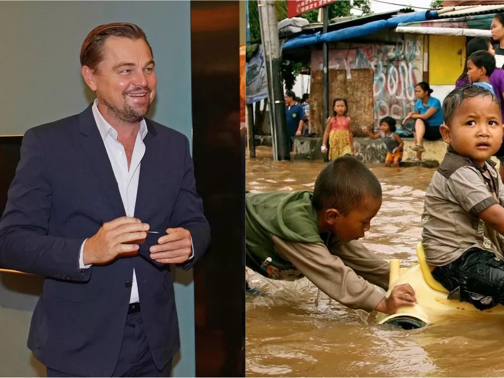 Kiri: Leonardo DiCaprio (REUTERS/Owen Humphreys) | Kanan: Dua bocah bermain di banjir Jakarta pada 17 Januari 2013 (VoA/Kate Lamb)