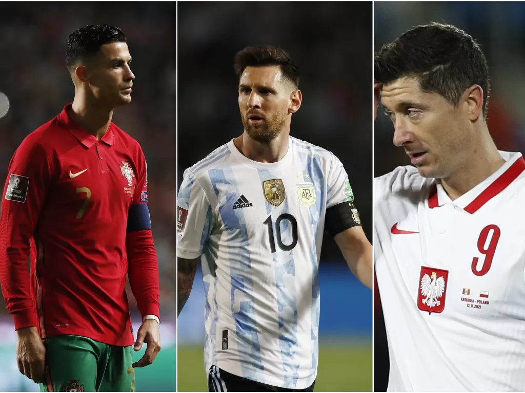 Cristiano Ronaldo (kiri), Lionel Messi (tengah), Robert Lewandowski (kanan) (REUTERS/PEDRO NUNES/AGUSTIN MARCARIAN/ALBERT GEA)