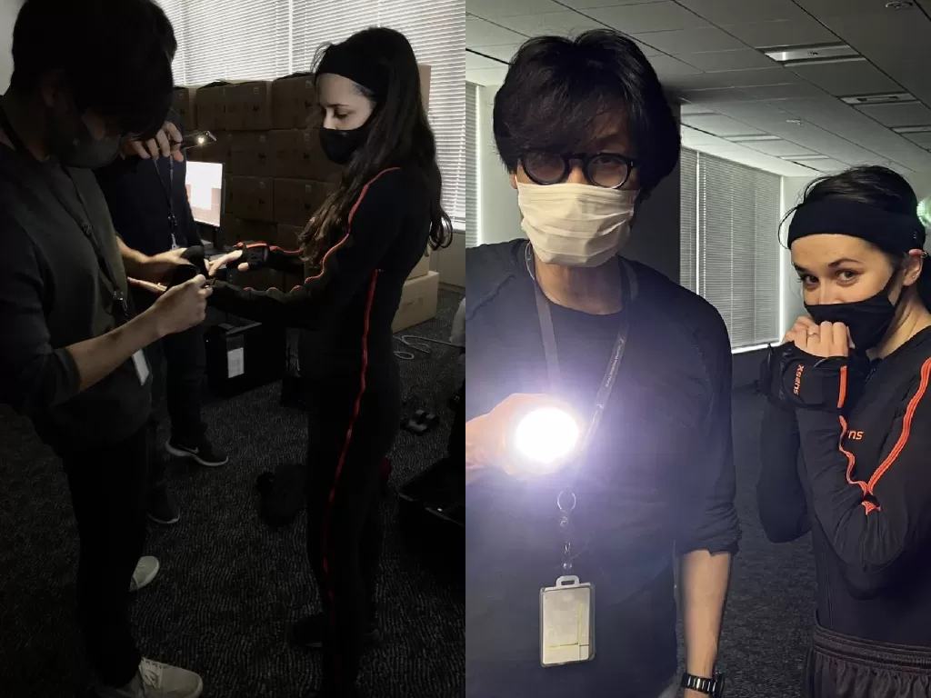 Hideo Kojima saat melakukan proses mocap bersama seorang aktris (photo/Twitter/@Kojima_Hideo)