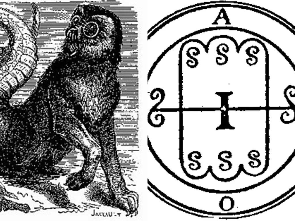 Aamon (kiri) dan simbol Aamon (kanan). (photo/Dok. Wikipedia)
