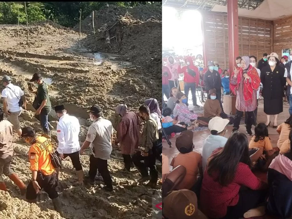 Kolase foto Mensos Risma ketika meninjau langsung lokasi bencana longsor di Sibolangit  (ANTARA/Andi Firdaus)