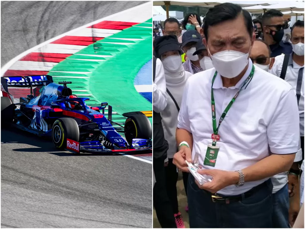 Kiri: Ilustrasi balapan Formula 1. (photo/REUTERS/Red Bull Media House). Kanan: Menko Marves Luhut Binsar Pandjaitan. (photo/ANTARA/Nur Imansyah).