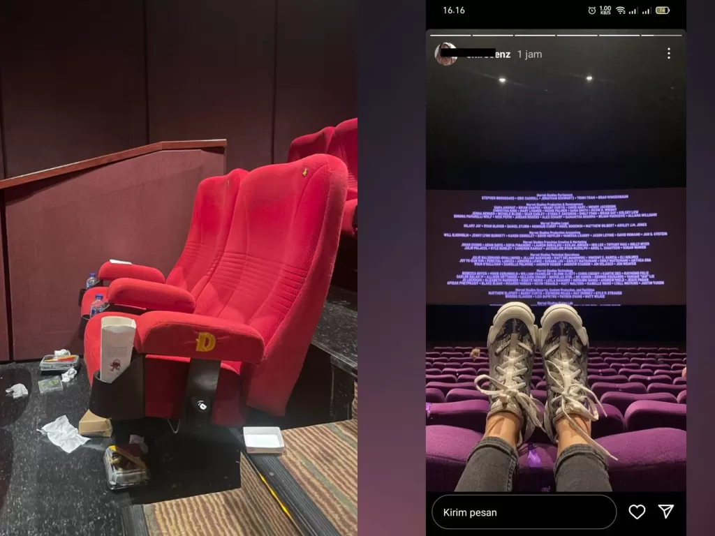 Kiri: sampah yang ditinggalkan penonton bioskop. (Twitter/osloibrahim) / kanan: potret penonton yang angkat kaki ke kursi. (Instagram/undercover.id)