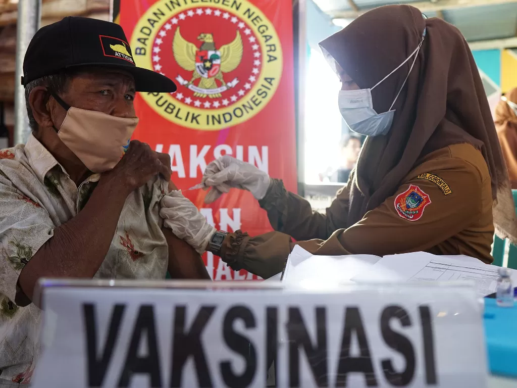 Petugas kesehatan menyuntikan vaksin COVID-19 kepada warga lanjut usia (lansia) di Desa Tenggela, Kabupaten Gorontalo, Gorontalo, Senin (22/11/2021). (ANTARA FOTO/Adiwinata Solihin).